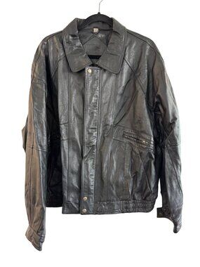 Mens Genuine Leather Black Jacket L Outdoor Exchange With Zipper & Snap Closures